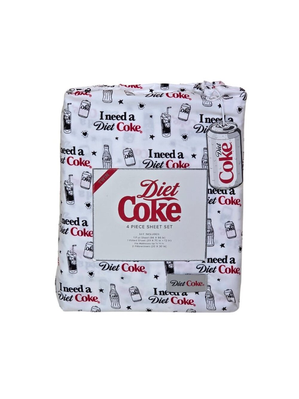 Diet Coke 4-Piece Twin Sheet Set With Fun Soda Print - 100% Polyester Coca Cola